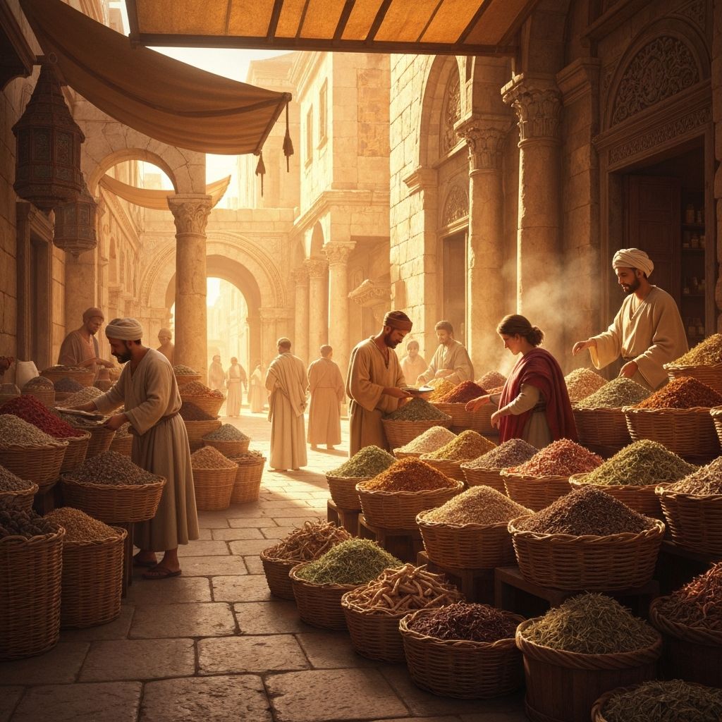 Ancient Mediterranean trade route scene with traditional spice market